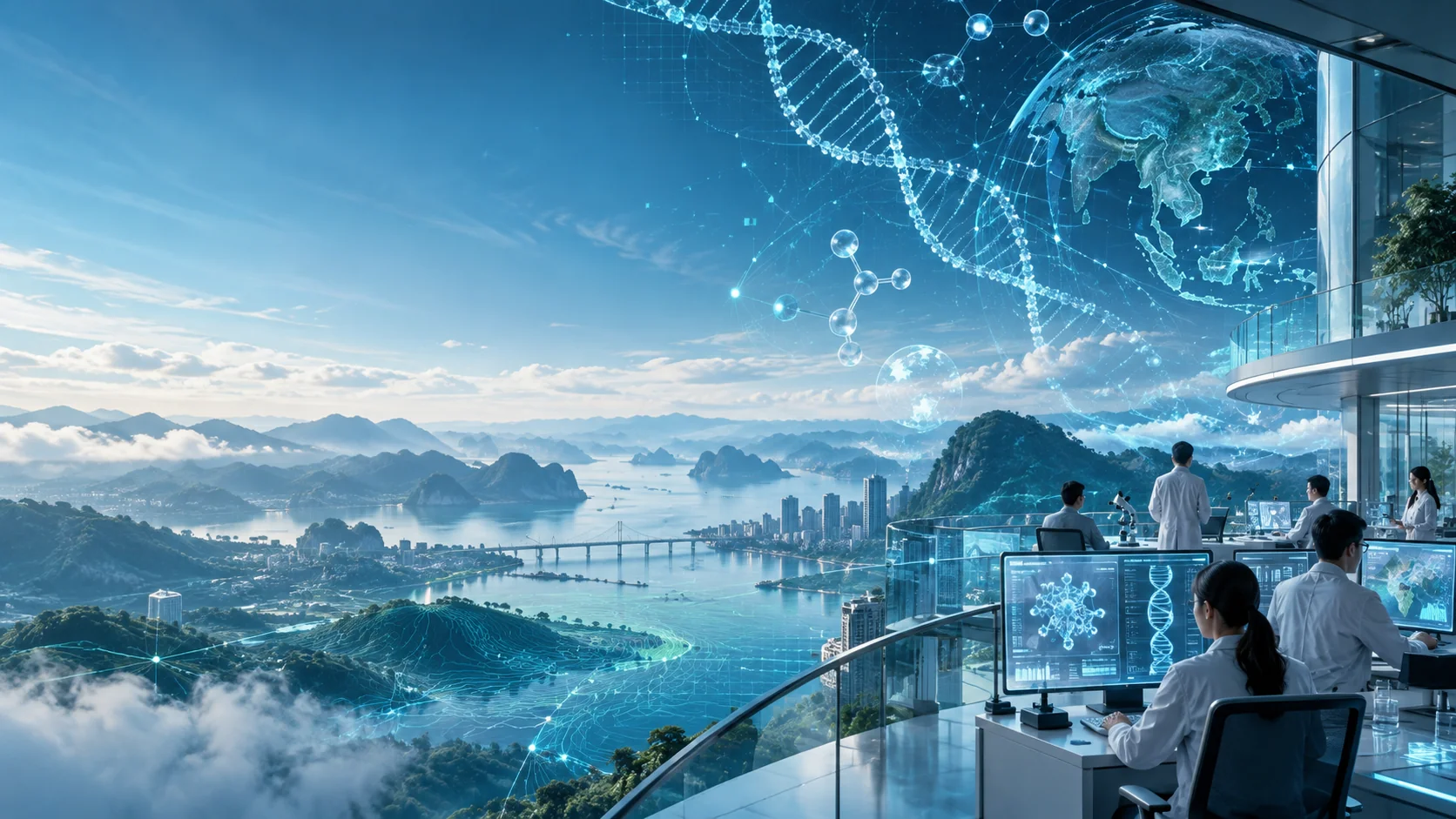 LEMBEM research laboratory overlooking a coastal landscape with scientific DNA, geographic data, and digital engineering visualizations